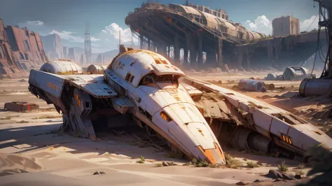 space aircraft, space ship, starship, desert, abadoned ship, disaster ship, abadoned structure, oval aircraft, covered by sand, ...