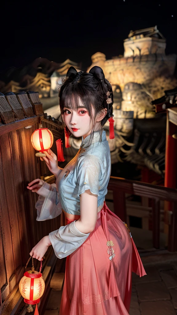 Chinese Theme, raw color photo, Medium shot, Practical, 1 Girl, A 21-year-old girl, On the Great Wall, Hanfu, best quality, delicate eyes, Beautiful and symmetrical face, slim, Detailed buttocks, breast,  innocent expression,  photoPractical, light, at night, Dynamic_color_scope，
露出中等的breast，Showing moderate cleavage，浅绿色的short hair，short hair，short hair，Red eyes，