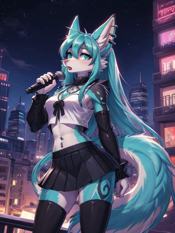 fille animée,tennage fille 18 years old, Style animé, mignon hatsune miku x suicune, shy fille , Oreilles de Kitsune, art natasha sombre, paysage urbain, art par renarde aztra, corps entier, belles jambes, Taille fine, Hanches larges, navel blanc blouse, blanc&Jupe rose, piercing au nombril, Perçage des oreilles, tatouage de nombril, pose audacieuse, Pose du dos, queue duveteuse, yeux sensuels (la meilleure définition) cheveux longs, Éclair noir, fête en ville, vie nocturne en ville,  fille, idol fille, fille with microphone singing, Yeux bleu profond (HD)