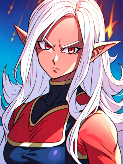 ((red skin)), ((in the artstyle of Dragon Ball Z), ((long ears)), ((curvy body)), ((long hair)), ((white hair)), ((red eyes)), (...