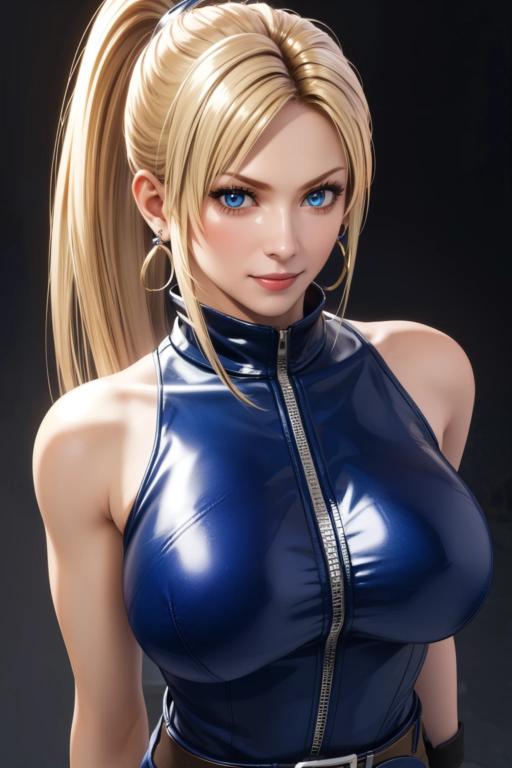 Sarah, blue eyes, long hair, cowboy shot, blonde hair, high ponytail, bodysuit, Shoulders exposed, (arms exposed:1.2), (tight blue bodysuit:1.1), belt ,sleeveless, zipper slightly open, boots, high heels, earrings, fingerless gloves, BREAK masterpiece, 1 girl, RAW photo, (best quality:1.2), extremely delicate beautiful, very detailed, 2k wallpaper, amazing, fine details, extremely detailed CG Unity 8k wallpaper, super detailed, high resolution, (beautiful detailed girl:1.2), perfect anatomy, (shiny clothes:1.1), (smile:1.2), (large breasts:0.5), (upper body:1.4), (Realistic, Photorealistic:1.0), (thin nose:1.2), (breast focus:1.3), 20 year old, high nose bridge, (blue clothes:1.2), fighting pose, fighting arena
