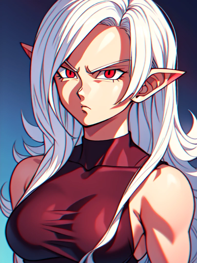 ((red skin)), ((in the artstyle of Dragon Ball Z), ((long ears)), ((curvy body)), ((long hair)), ((white hair)), ((red eyes)), ((serious expression)), (demonic clothing)), ((demon woman)), ((complementary colors)), ((mature female)), 1girl, beautifully drawn, high resolution illustration, best quality, High definition, ((detailed anime sketch)), Masterpiece, (solo), absurdres, portrait, ((upper body)), detailed background, fine detail, female focus, HDR,
