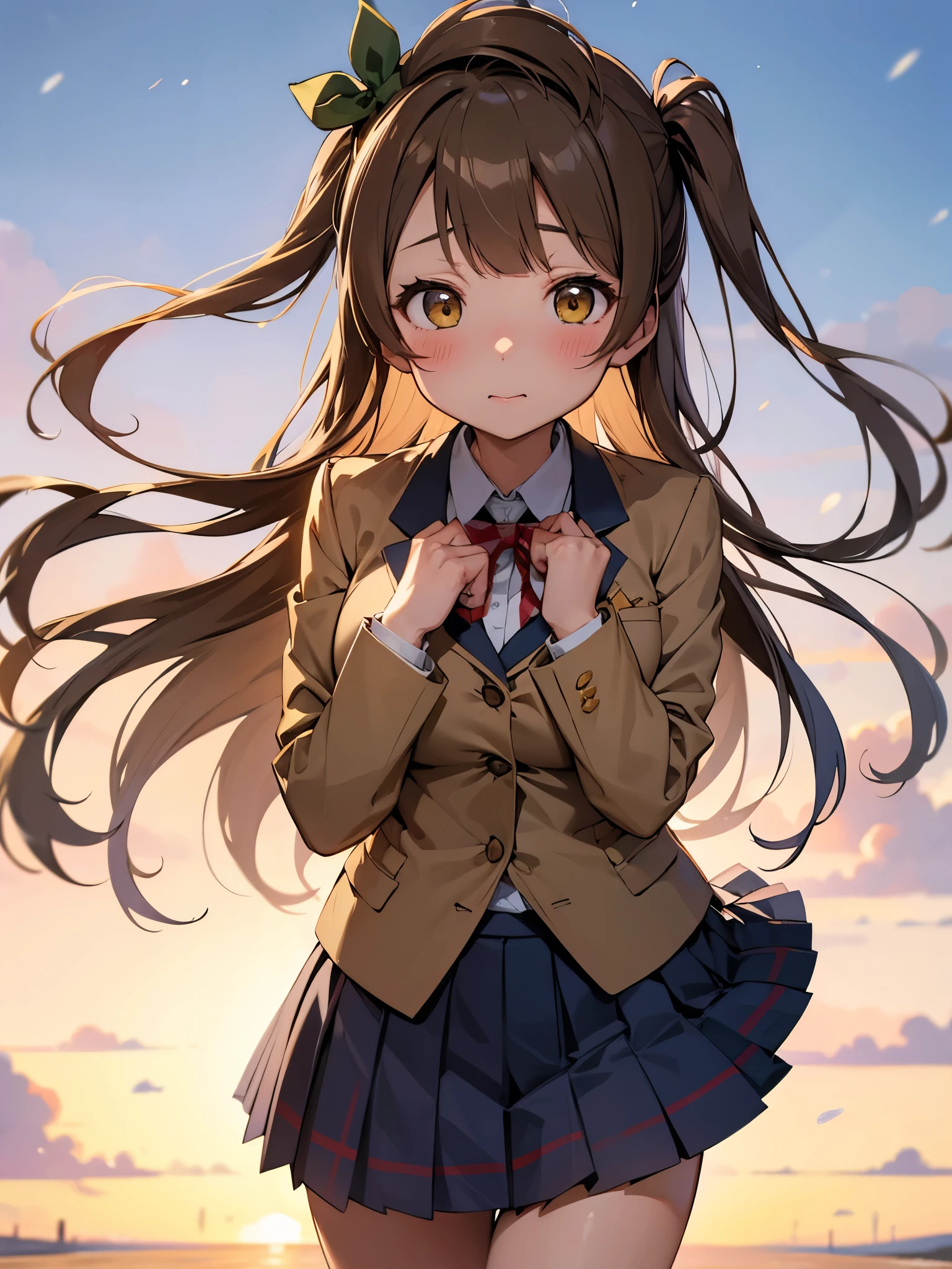 NSFW,Minami Kotori、Brown Hair、（Brown eyes：1.5）、One side up、ヘアribbon、ribbon、Long Hair、blazer、Blue Skirt、Jacket、Otonokizaka Academy uniform、Pleated skirt、、Winter clothes,(Perfect hands),(Perfect Anatomy),(masterpiece),(Highest quality),School,Embarrassed,blush