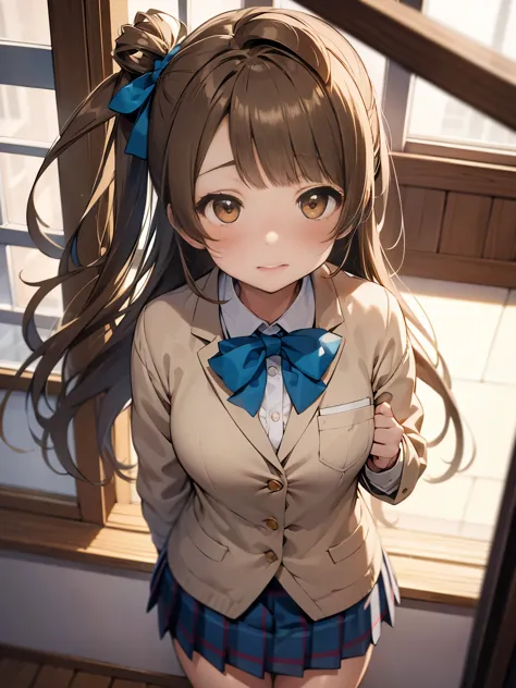 NSFW,Minami Kotori、Brown Hair、（Brown eyes：1.5）、One side up、ヘアribbon、ribbon、Long Hair、blazer、Blue Skirt、Jacket、Otonokizaka Academ...