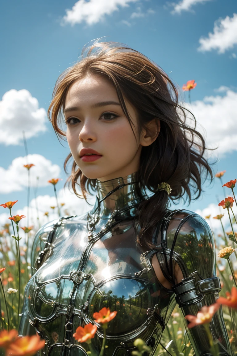 1 girl, Looking at the audience, Practical, Long hair, Long hair blown by wind, Solitary, Flowers, Sky, Sky, outdoor, short hair, brown Long hair, Science fiction, Vague, Grass, realism, cloud, blue Sky, Chest, Lips, transparent, transparent, transparent,