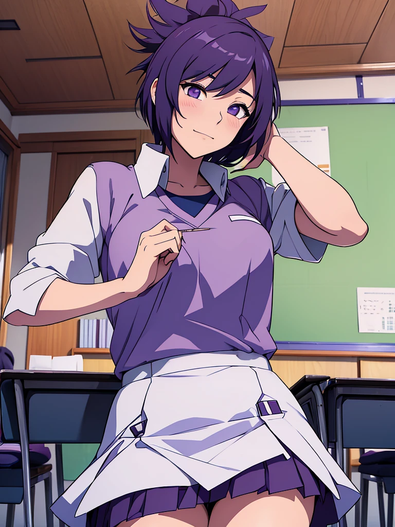 1women, as a highschool girl, wearing Japanese highschool uniform with white shirt and blue colour skirt, at a classroom, purple colour short hair, 8k, high detailed, high quality
