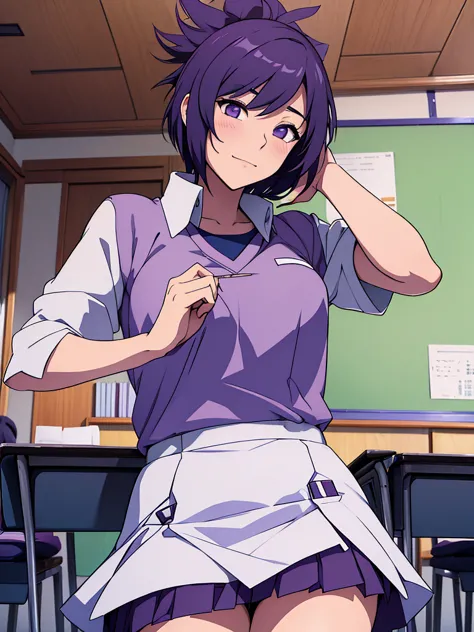 1women, as a highschool girl, wearing Japanese highschool uniform with white shirt and blue colour skirt, at a classroom, purple...