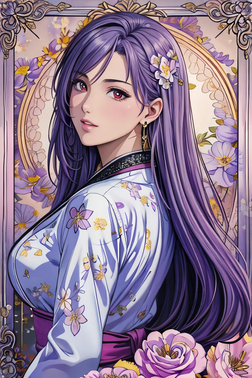 (​masterpiece, top-quality, top-quality, Official art, Beautifully Aesthetic:1.2), red eyes, (highest quality, masterpiece painting:1.3), immature woman, 16 years old, (half body shot), masterpiece, ultra high resolution, (((Flower frame, A lot of flowers in the frame, round frame, A beautiful girl fits into the frame))), Decorative panel, abstract art, (shot from a side angle), (Photoreal:1.0), ((light purple hair)),straight hair, beautiful shining hair, white and shining skin, Painterly, sketch, Texture, 超A high resolution, solo, Beautuful Women, A highly detailed, (Fractal Art:1.1), (colourfull:1.1), (florals:1.6), The most detailed, (Zentangle:1.2), (Dynamic Poses), (Abstract background:1.3), (shinny skin), (Many colors:0.8), (earrings:1.4), (pluma:0.9), Taisho romance