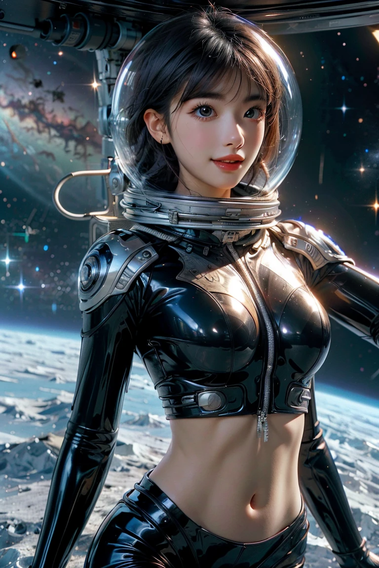 宇宙服を着た少女，セクシーなお腹を露出，7点レンズ，カメラを見つめる，詳細な顔の特徴, 美しい目, 唇, 長いまつげ, 現実, 8K， 非常に詳細, スタジオ照明, ドラマチックな照明, 鮮やかな色彩, 仕事, 宇宙，笑顔