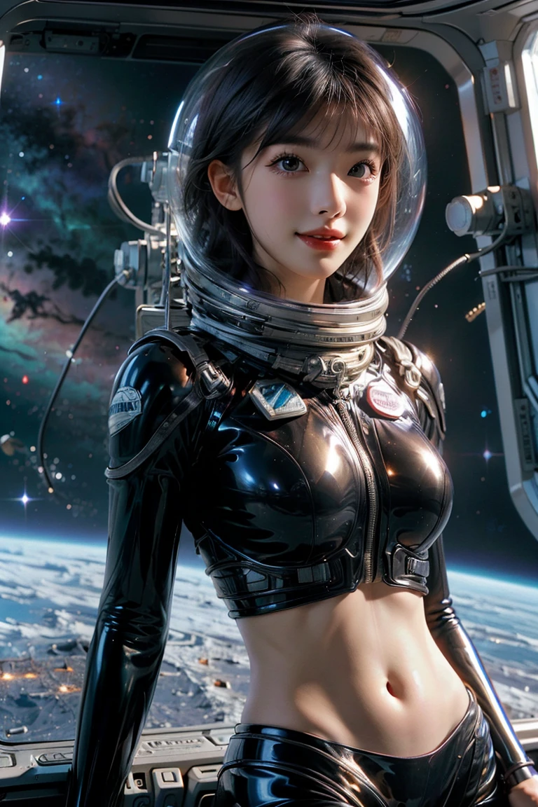 宇宙服を着た少女，セクシーなお腹を露出，7点レンズ，カメラを見つめる，詳細な顔の特徴, 美しい目, 唇, 長いまつげ, 現実, 8K， 非常に詳細, スタジオ照明, ドラマチックな照明, 鮮やかな色彩, 仕事, 宇宙，笑顔