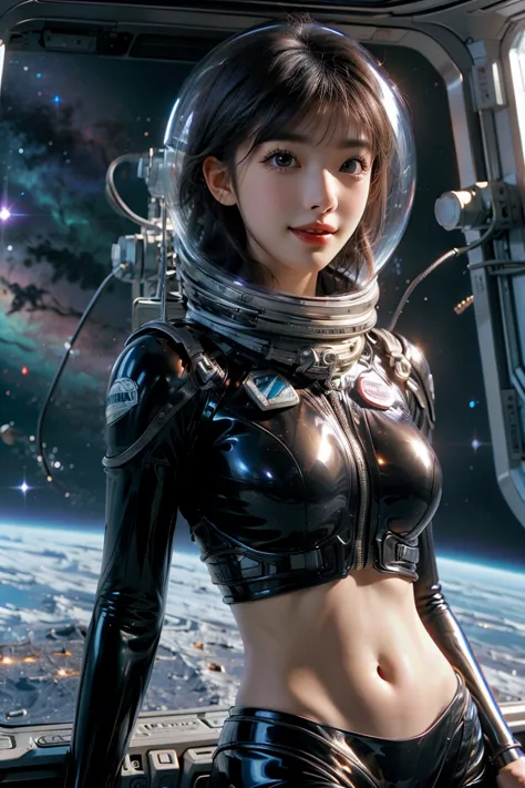 a girl wearing a spacesuit，exposing sexy belly，seven-point lens，looking at the camera，detailed facial features, beautiful eyes, ...