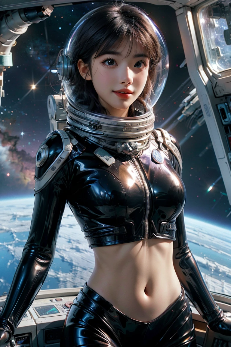 A girl wearing a spacesuit，Exposing sexy belly，Seven-point lens，Looking at the camera，Detailed facial features, beautiful eyes, Lips, and long eyelashes, Reality, 8K， Very detailed, Studio Lighting, Dramatic Lighting, Vibrant colors, work, Outer Space，Smiling