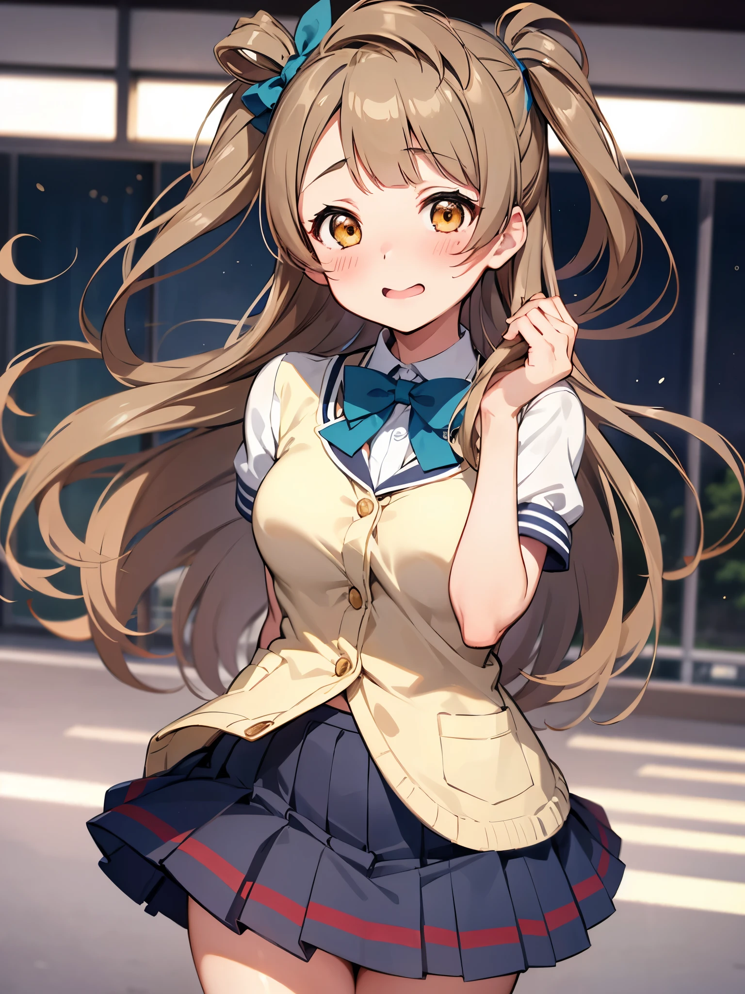 NSFW,Minami Kotori、Brown Hair、（Brown eyes：1.5）、One side up、ヘアribbon、ribbon、Long Hair、Blue Skirt、Otonokizaka Academy uniform、Pleated skirt、、(Perfect hands),(Perfect Anatomy),(masterpiece),(Highest quality),School,Embarrassed,blush