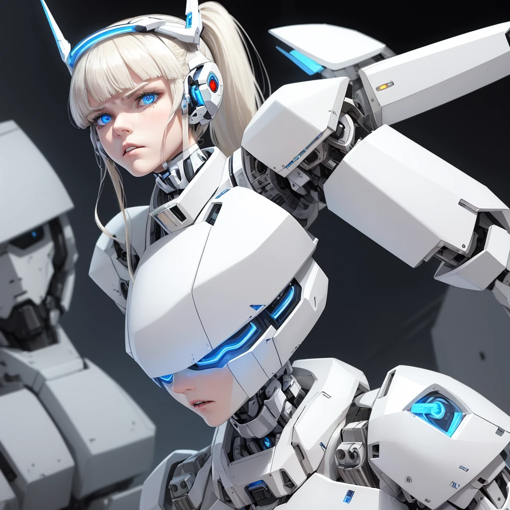 a girl with a full white cyborg body, featuring sleek and high-tech components. She has beautiful blonde ponytail and bangs, blue eyes, and an angry expression. with her polished mechanical limbs and torso emphasizing her intense emotions. ((white robot mecha headgear)), ((white cyborg body)), headband