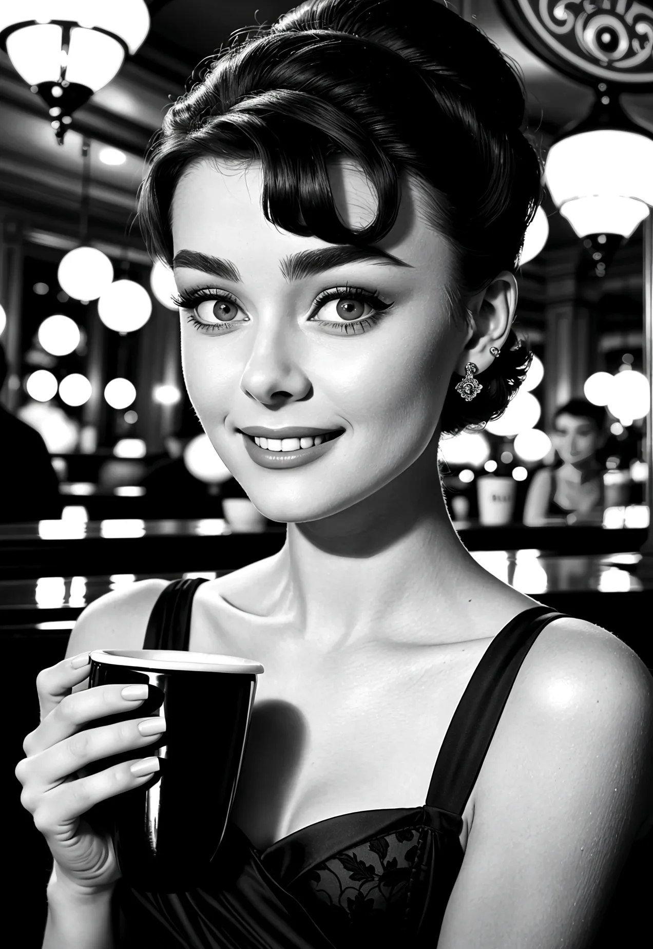 Photograph of a 20-year-old woman who looks like Audrey Hepburn: short dark hair, big expressive eyes and an elegant smile, drin...