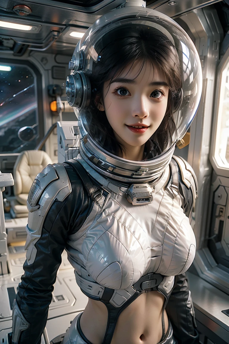 Uma menina vestindo um traje espacial，Expondo barriga sexy，Lente de sete pontos，olhando para a câmera，características faciais detalhadas, Olhos lindos, lábios, e cílios longos, realidade, 8K， Muito detalhado, iluminação de estúdio, iluminação dramática, cores vibrantes, trabalhar, espaço sideral，sorridente