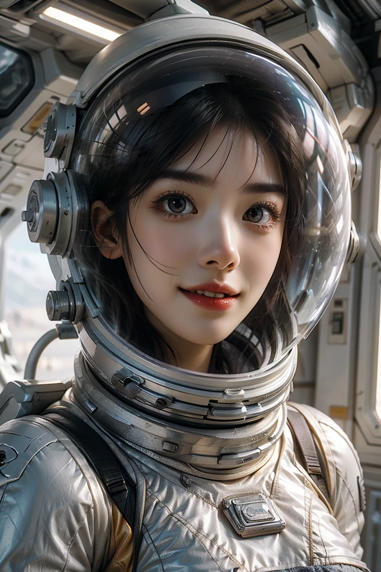 A girl wearing a spacesuit，Exposing sexy belly，Seven-point lens，Looking at the camera，Detailed facial features, beautiful eyes, Lips, and long eyelashes, Reality, 8K， Very detailed, Studio Lighting, Dramatic Lighting, Vibrant colors, work, Outer Space，Smiling