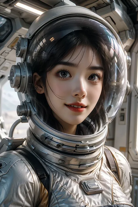 A girl wearing a spacesuit，Exposing sexy belly，Seven-point lens，Looking at the camera，Detailed facial features, beautiful eyes, ...
