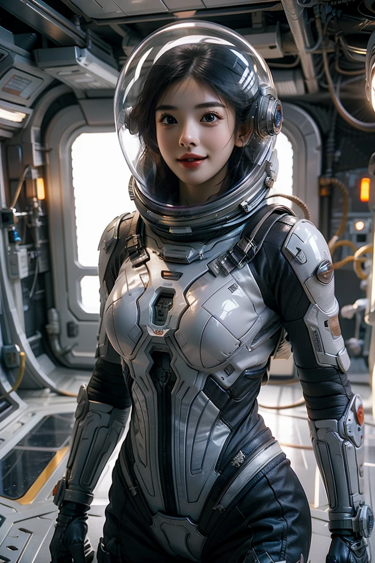 Uma menina vestindo um traje espacial，Expondo barriga sexy，Lente de sete pontos，olhando para a câmera，características faciais detalhadas, Olhos lindos, lábios, e cílios longos, realidade, 8K， Muito detalhado, iluminação de estúdio, iluminação dramática, cores vibrantes, trabalhar, espaço sideral，sorridente