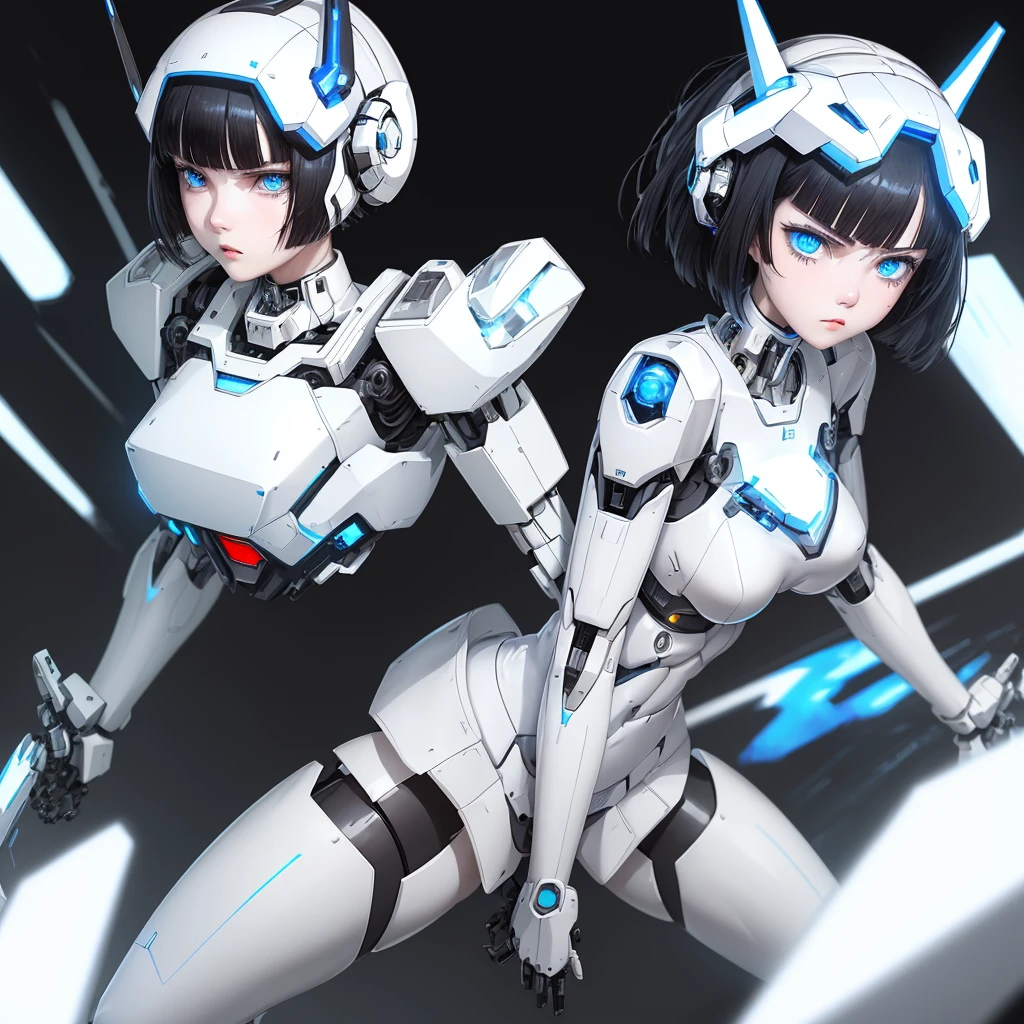 a girl with a full white cyborg body, featuring sleek and high-tech components. She has beautiful short black hair and bangs, blue eyes, and an angry expression. with her polished mechanical limbs and torso emphasizing her intense emotions. ((white robot mecha headgear)), ((white cyborg body)), headband