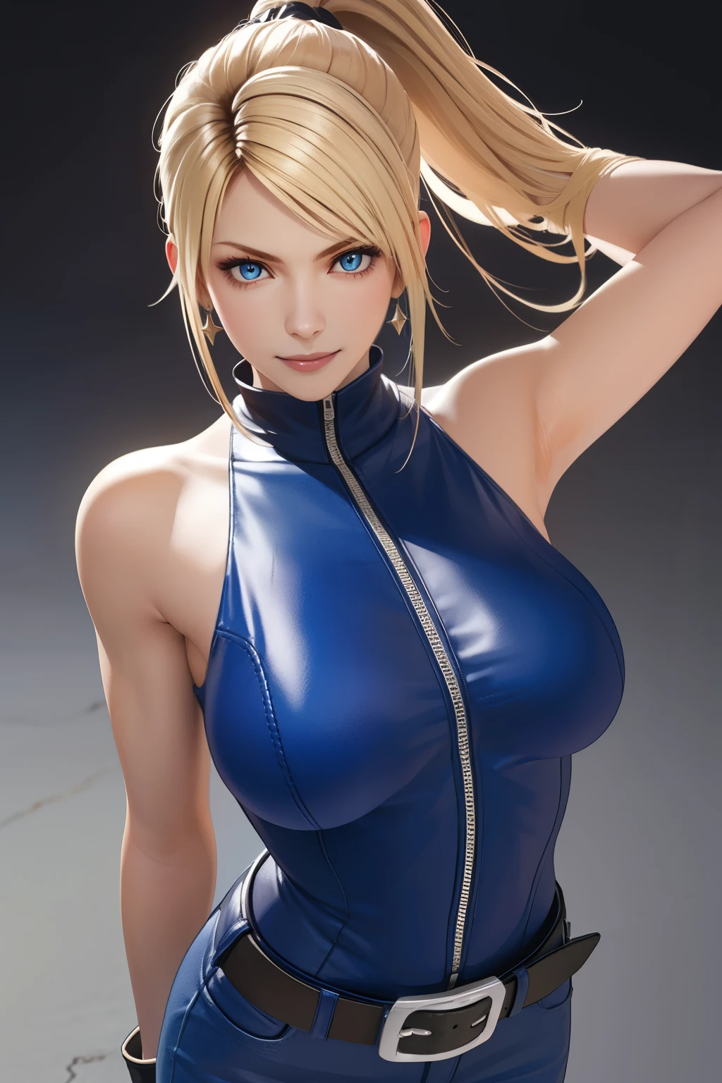 Sarah, blue eyes, long hair, cowboy shot, blonde hair, high ponytail, bodysuit, Shoulders exposed, (arms exposed:1.2), (tight blue bodysuit:1.1), belt ,sleeveless, zipper slightly open, boots, high heels, earrings, fingerless gloves, BREAK masterpiece, 1 girl, RAW photo, (best quality:1.2), extremely delicate beautiful, very detailed, 2k wallpaper, amazing, fine details, extremely detailed CG Unity 8k wallpaper, super detailed, high resolution, (beautiful detailed girl:1.2), perfect anatomy, (shiny clothes:1.1), (smile:1.2), (large breasts:0.5), (upper body:1.4), (Realistic, Photorealistic:1.0), (thin nose:1.2), (breast focus:1.3), 20 year old, high nose bridge, (blue clothes:1.2), fighting pose, fighting arena
