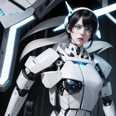 a girl with a full white cyborg body, featuring sleek and high-tech components. she has beautiful short black hair and bangs, bl...