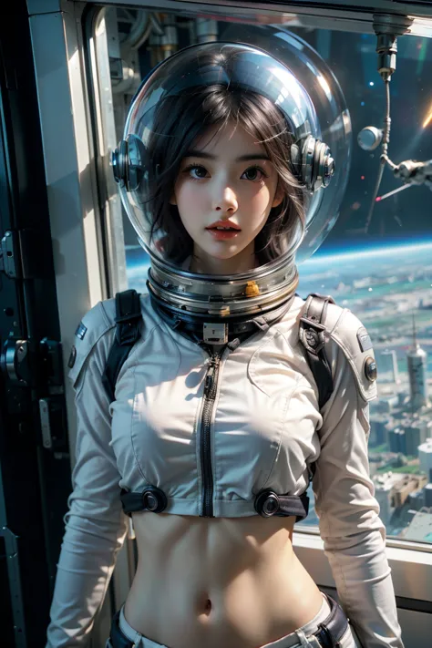 a girl wearing a spacesuit，wearing a space helmet，exposing sexy belly，seven-point lens，looking at the camera，detailed facial fea...