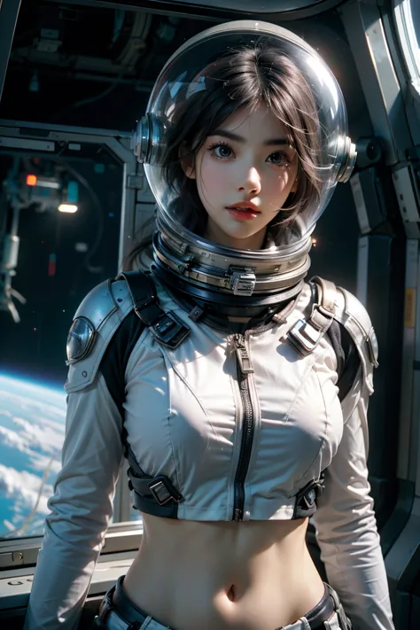 A girl wearing a spacesuit，Wearing a space helmet，Exposing sexy belly，Seven-point lens，Looking at the camera，Detailed facial fea...