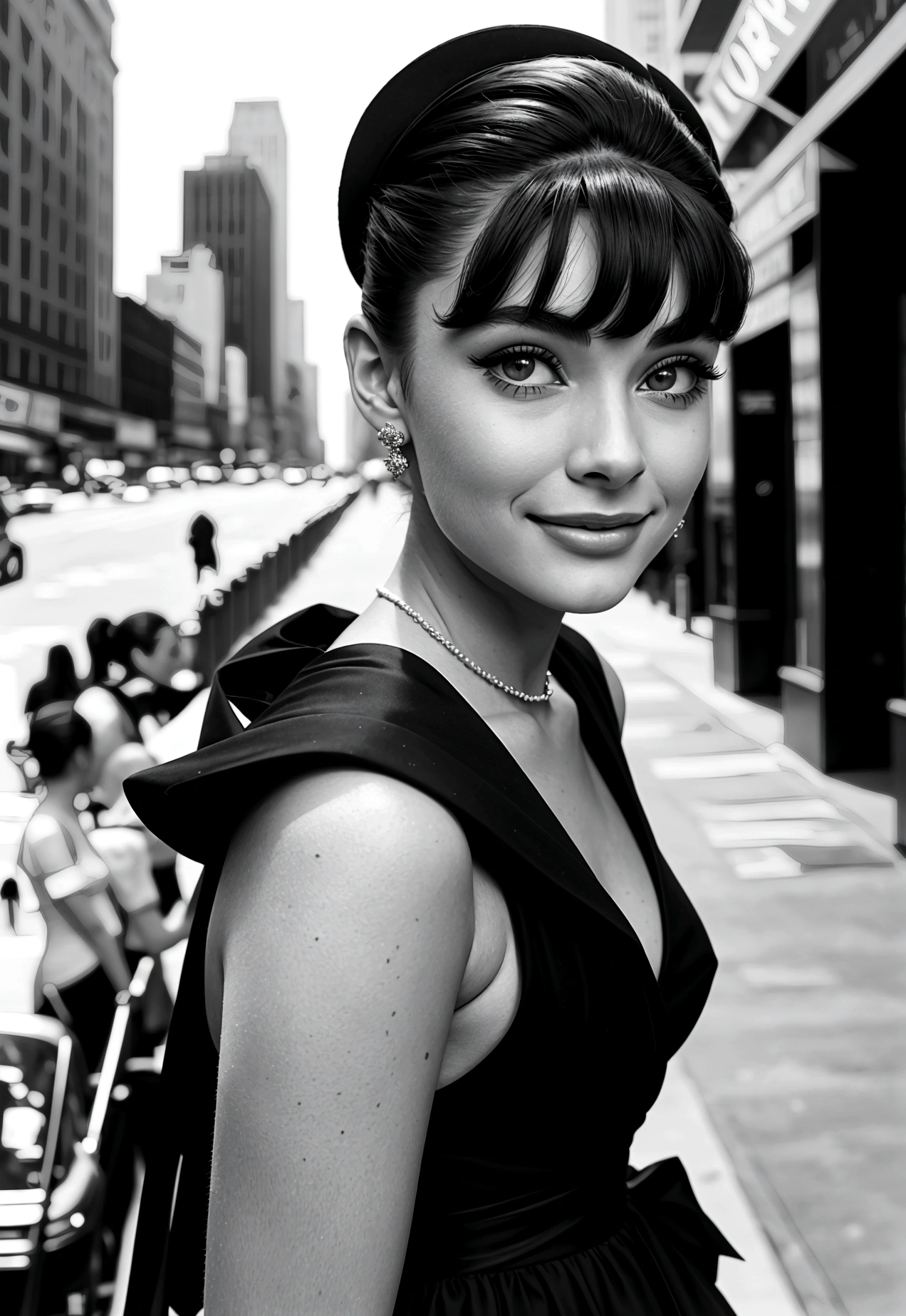 Fotografia de uma mulher de 20 anos que se parece com Audrey Hepburn: cabelo escuro curto, olhos grandes e expressivos e um sorriso elegante e sóbrio. A mulher está olhando para a vitrine de uma loja de chapéus em Nova York. Olhos perfeitos, nariz perfeito, boca perfeita, fotografia em preto e branco dos anos 50, 8k, fotografia realista --seed 1751055599