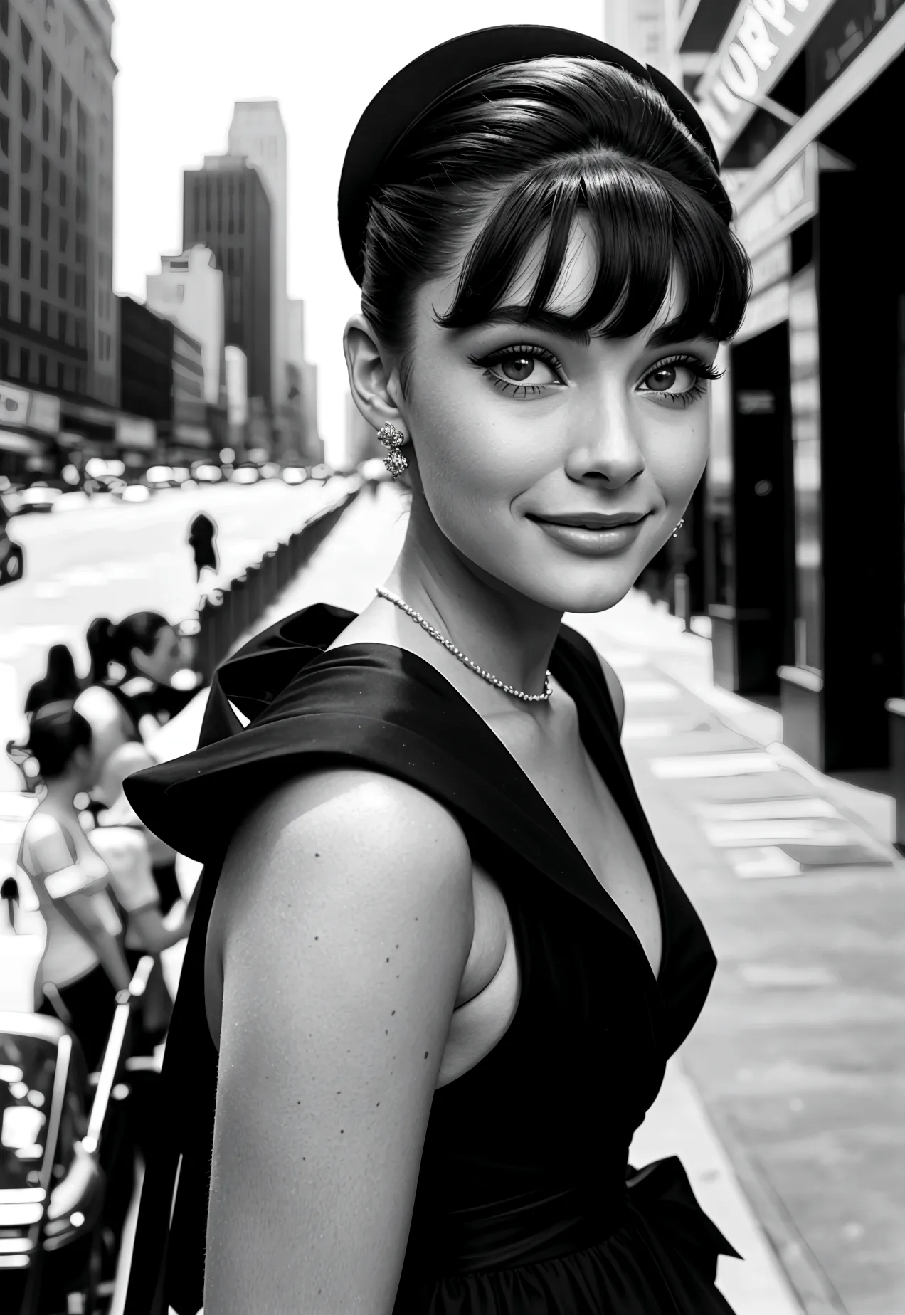 Photograph of a 20-year-old woman who looks like Audrey Hepburn: pelo corto y oscuro, ojos grandes y expresivos y una sonrisa el...