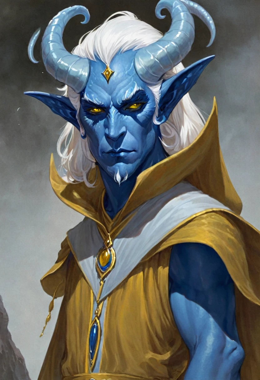 masterpiece, Best quality, A high resolution, fantasy, D&D, Tiefling Man, with blue skin, white hair, thin build, yellow eyes, s españolcoy, sorcerer, One character