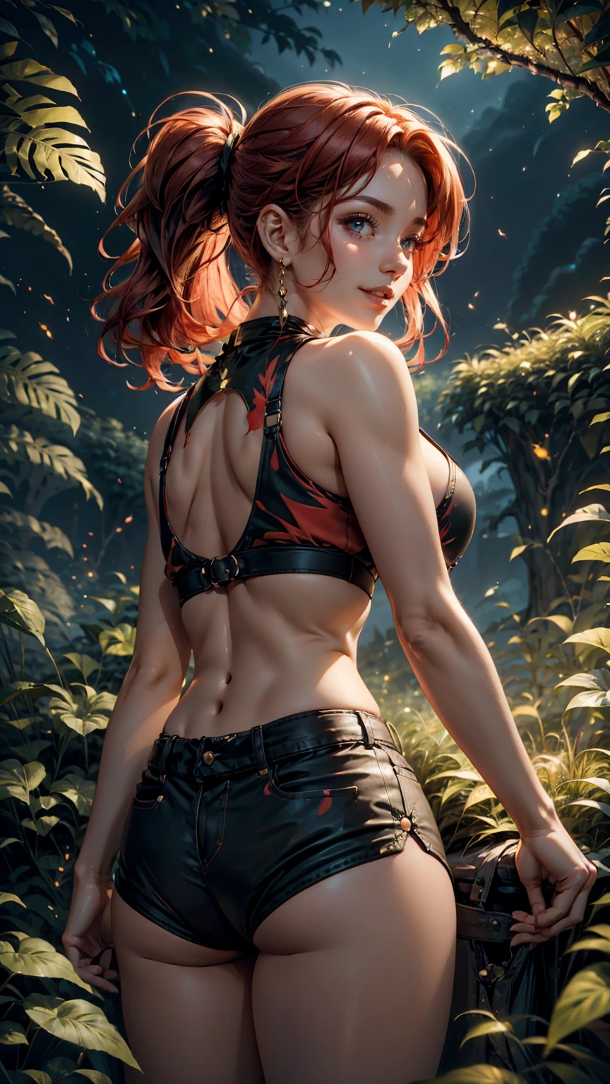 a woman with red hair standing in front of a germany, smiley face , smile on face, huge breasts, hot body curves, back view, exposed midriff, wearing a cropped top, wearing a sexy cropped top, covered in plants, midriff, beautiful midriff, buxom, big leaf bra, bare midriff, clothed in vines, tiktok 4 k uhd image, organic color, wearing a cropped tops