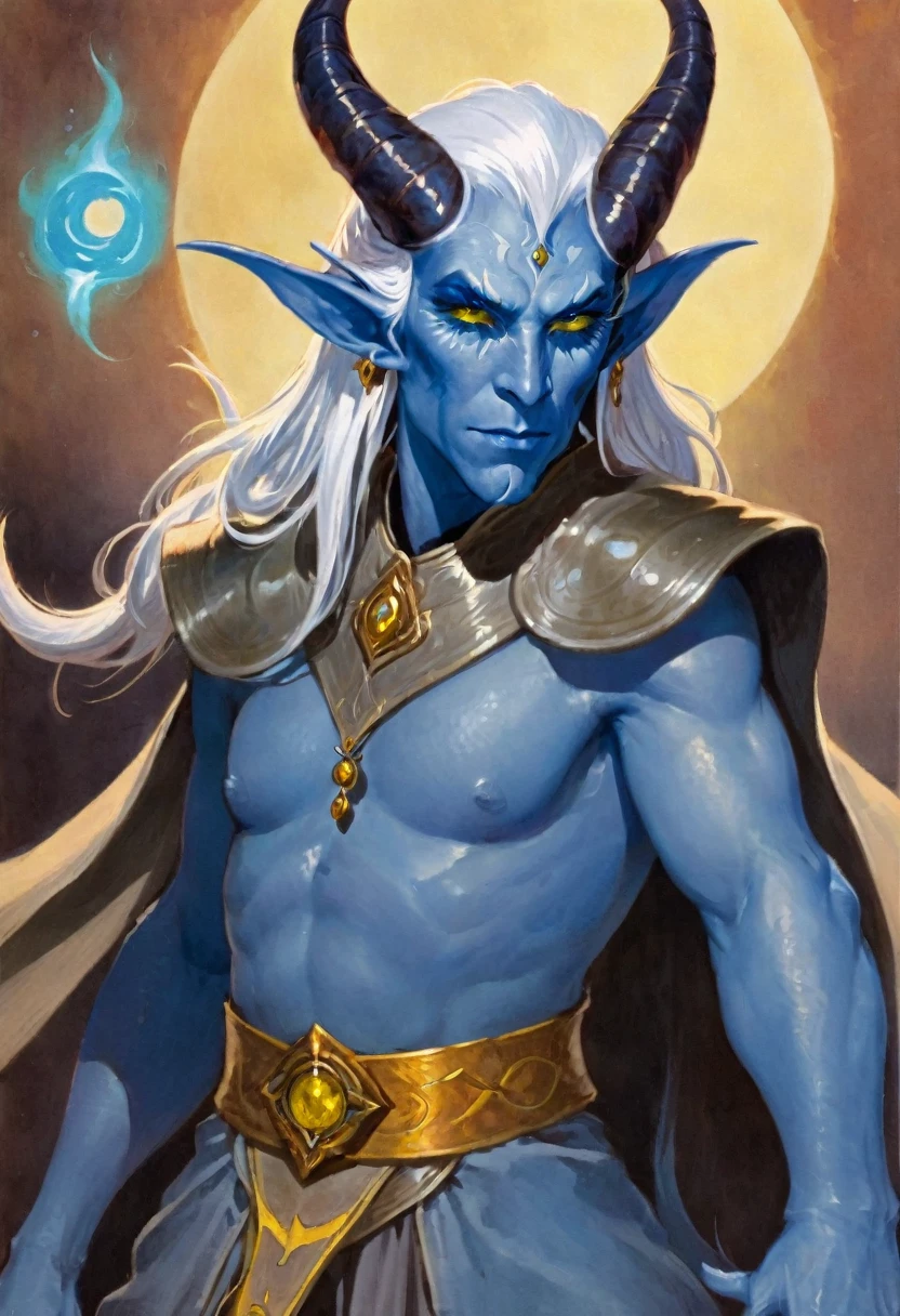 masterpiece, Best quality, A high resolution, fantasy, D&D, Tiefling Man, with blue skin, white hair, thin build, yellow eyes, s españolcoy, sorcerer, One character