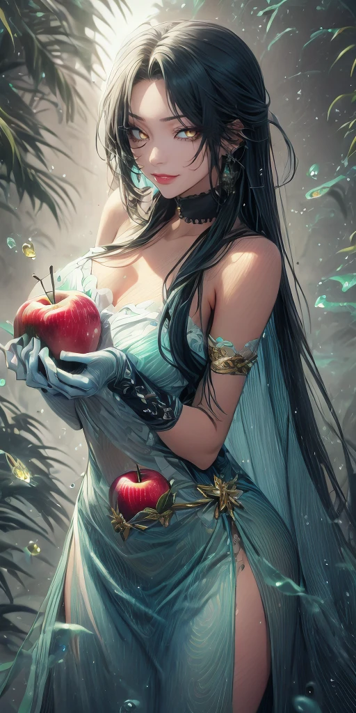 black hair, long hair, parted bangs, golden eyes, curvy, anatomically correct, best quality, masterpiece, high quality, high details, highres, HD, fruit, food, 1girl, apple, holding_apple, holding_fruit, solo, dress, breasts, holding, looking_at_viewer, white_dress, bare_shoulders, cleavage, choker, elbow_gloves, bokeh, large_breasts,, water drop, reflective, (fog:1.3), fireflies, hollow eyes, golden eyes, lips, smirk, upper teeth, cheek,