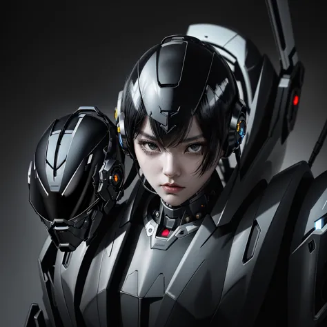 a girl with a full black cyborg body, featuring sleek and high-tech components. she has short black hair, black eyes, and an ang...