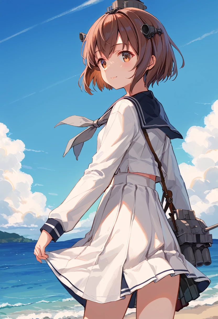 score_9,score_8_up,score_7_up,source_anime,cowboy shot,masterpiece,best quality,details background,extremely detailed,1girl,1girl,yukikaze (kancolle), brown hair, brown eyes,small breasts,short hair, sailor dress,dress,sailor collar,long sleeves,neckerchief,grey neckerchief,white dress,black sailor collar,day break,look back,sea