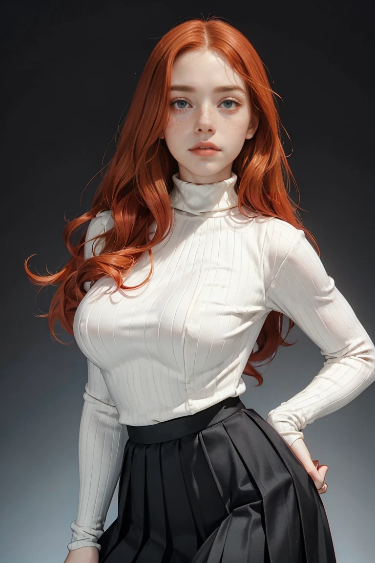 15 years old ginger girl, freckled face, face freckles, rosy, contemptuous look, 1 girl, solo, voluminous curly long red hair,pale skin, (((huge bust))), stand sexy pose, beautiful, ((pleated skirt)), ((black turtleneck)), cold palette, simple background
