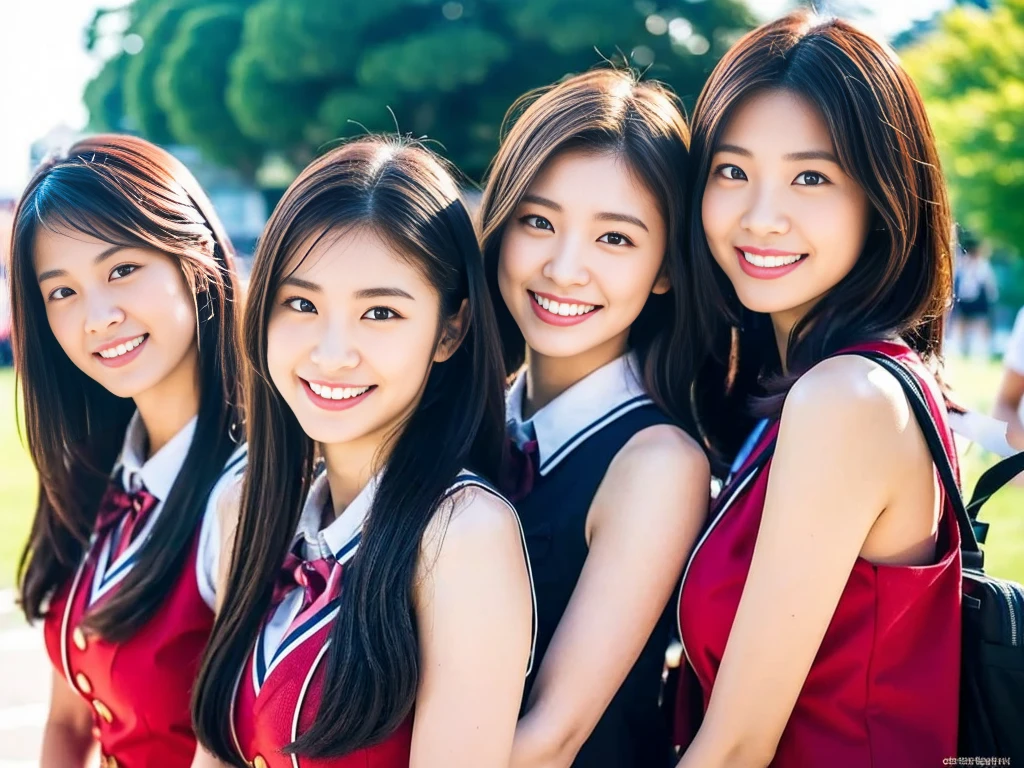 (A trio of super cute Korean high school girls take a photo together 1.2)(grin,Smile)(Beautiful Sweat:1.1)(16k, RAW Photos, Highest quality, masterpiece: 1.2),(Cute hairstyle with shiny black hair) Super detailed, Super Resolution, (Genuine, Genuine photos: 1.37), Portraiture, High-resolution RAW color photos, Professional photos, Very detailed, 8k wallpaper, Very detailed CG Unity 8k wallpaper, Very detailed beautiful girls, Very detailed faces, ((whole body)), beautiful woman, Huge breasts,(huge boobs:1.1) (Big Boobs:1.1), Beauty college student (A tight, girly, navy sleeveless  with ribbon.),high school girl, Korean Girls,(K-POP Female Idols), (Idol-class beauty)(Beautiful high school girl:1.1)(High school girls sightseeing in Tokyo)(18-year-old)(Stylish school uniform-style outfit:1.1)(Group photo of the school trip:1.3)NSFW