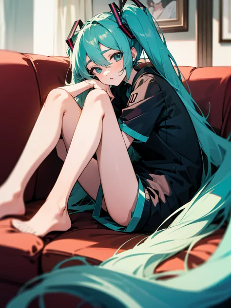 uhd, absurdres, 5k, 1girl, Hatsune Miku, bare legs, hoodie, short sleeves, in a living room, on a couch, comfy