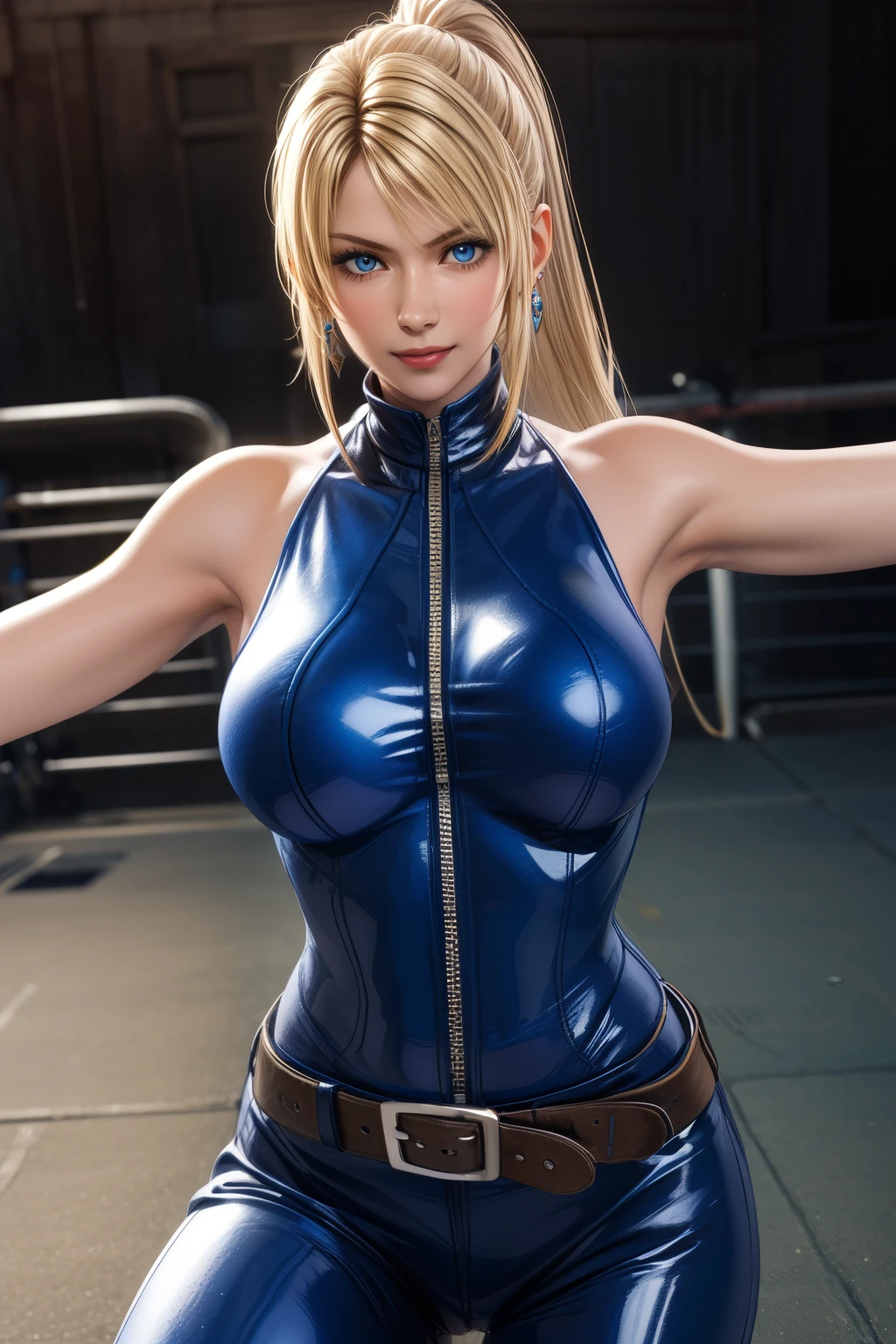 Sarah, blue eyes, long hair, cowboy shot, blonde hair, high ponytail, bodysuit, Shoulders exposed, (arms exposed:1.2), (tight blue bodysuit:1.1), belt ,sleeveless, open zipper, boots, high heels, earrings, fingerless gloves, BREAK masterpiece, 1 girl, RAW photo, (best quality:1.2), extremely delicate beautiful, very detailed, 2k wallpaper, amazing, fine details, extremely detailed CG Unity 8k wallpaper, super detailed, high resolution, (beautiful detailed girl:1.2), perfect anatomy, (shiny clothes:1.1), (smile:1.2), (large breasts:0.5), (upper body:1.4), (Realistic, Photorealistic:1.0), (thin nose:1.2), (breast focus:1.3), 20 year old, high nose bridge, (blue clothes:1.2), fighting pose, fighting arena, squatting
