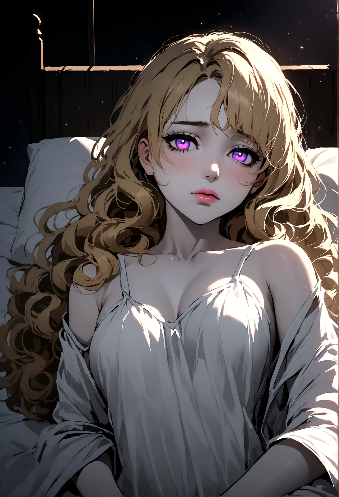 a young woman, curly blonde hair, violet eyes, pale skin, with pink lips, sick with fever, wearing a white blouse hanging off her shoulder, clinging to her curves, lying in bed 