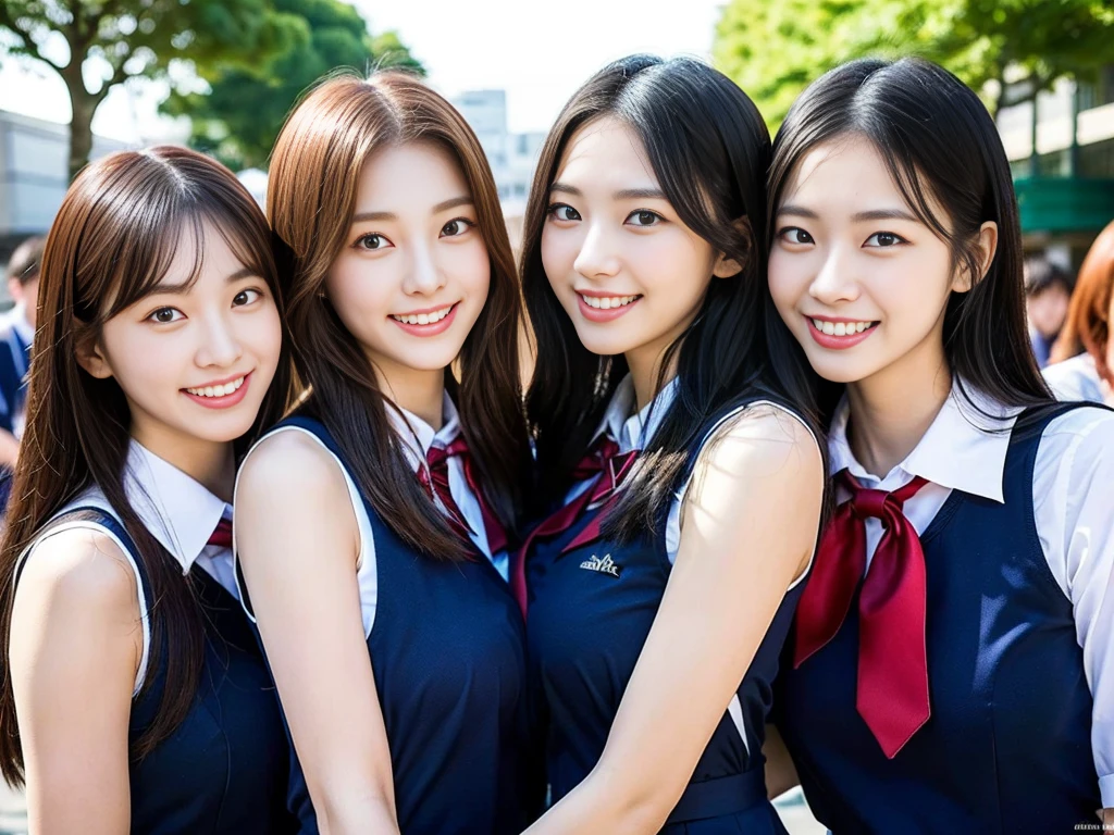 (A trio of super cute Korean high school girls take a photo together 1.2)(grin,Smile)(Beautiful Sweat:1.1)(16k, RAW Photos, Highest quality, masterpiece: 1.2),(Cute hairstyle with shiny black hair) Super detailed, Super Resolution, (Genuine, Genuine photos: 1.37), Portraiture, High-resolution RAW color photos, Professional photos, Very detailed, 8k wallpaper, Very detailed CG Unity 8k wallpaper, Very detailed beautiful girls, Very detailed faces, ((whole body)), beautiful woman, Huge breasts,(huge boobs:1.1) (Big Boobs:1.1), Beauty college student (A tight, girly, navy sleeveless  with ribbon.),high school girl, Korean Girls,(K-POP Female Idols), (Idol-class beauty)(Beautiful high school girl:1.1)(High school girls sightseeing in Tokyo)(18-year-old)(Stylish school uniform-style outfit:1.1)(Group photo of the school trip:1.3)NSFW