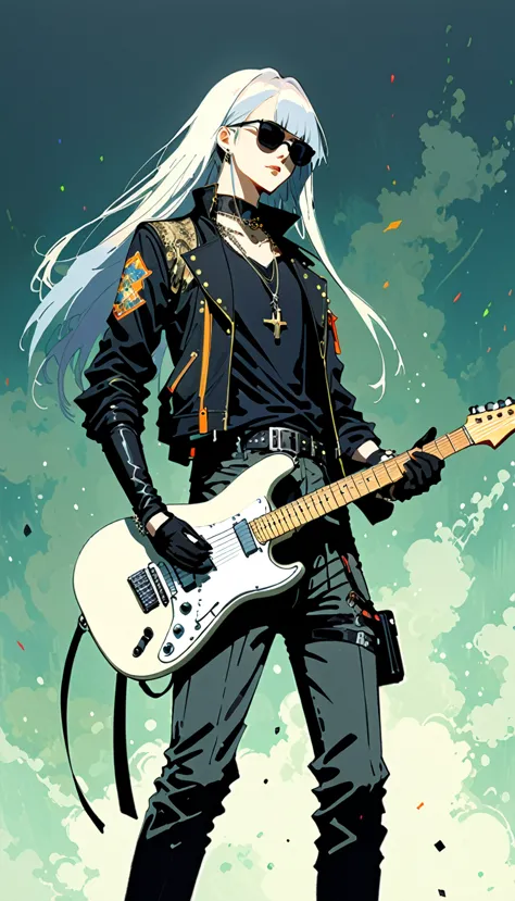 Harry Clarke style,(Ashley Wood Style:1.4),
1 Goth Girl,(弹guitar动作，Dynamic Action:1.4),guitar,Musical Instruments BREAK Bleach S...