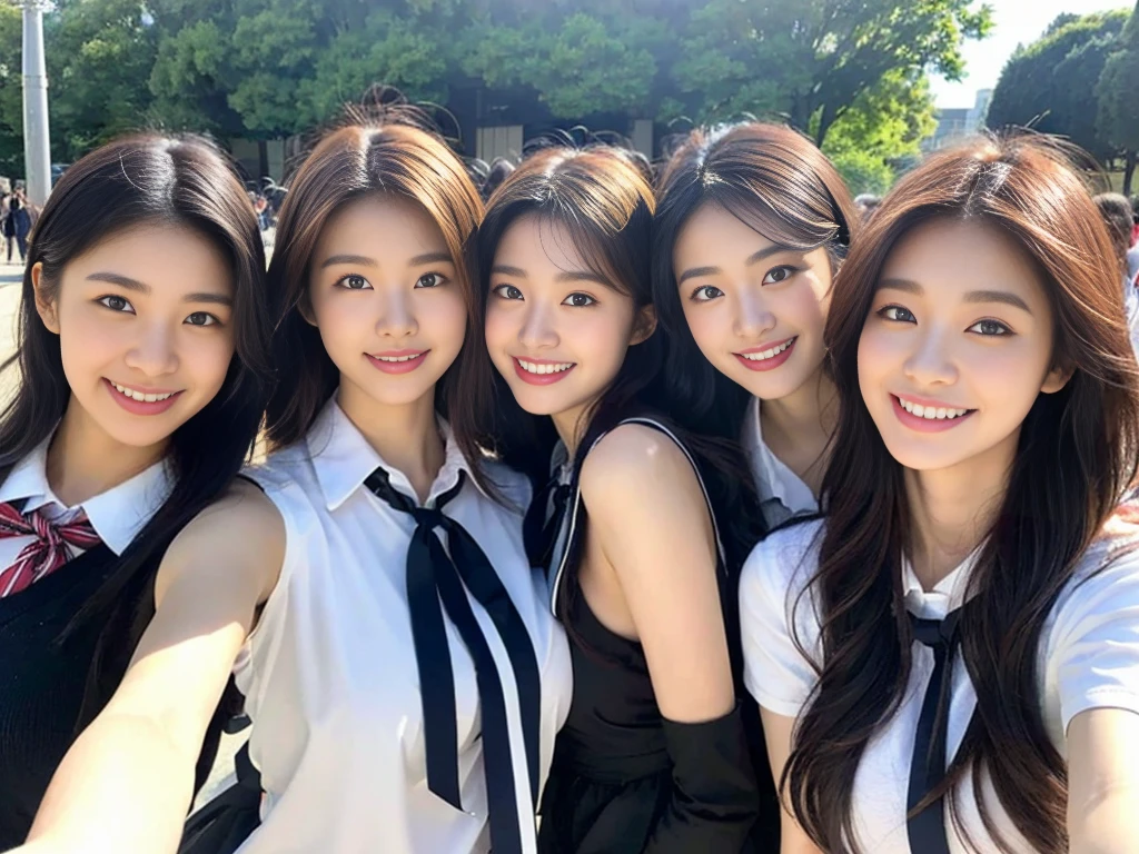 (A trio of super cute Korean high school girls take a photo together 1.2)(grin,Smile)(Beautiful Sweat:1.1)(16k, RAW Photos, Highest quality, masterpiece: 1.2),(Cute hairstyle with shiny black hair) Super detailed, Super Resolution, (Genuine, Genuine photos: 1.37), Portraiture, High-resolution RAW color photos, Professional photos, Very detailed, 8k wallpaper, Very detailed CG Unity 8k wallpaper, Very detailed beautiful girls, Very detailed faces, ((whole body)), beautiful woman, Huge breasts,(huge boobs:1.1) (Big Boobs:1.1), Beauty college student (A tight, girly, navy sleeveless  with ribbon.),high school girl, Korean Girls,(K-POP Female Idols), (Idol-class beauty)(Beautiful high school girl:1.1)(High school girls sightseeing in Tokyo)(18-year-old)(Stylish school uniform-style outfit:1.1)(Group photo of the school trip:1.3)NSFW