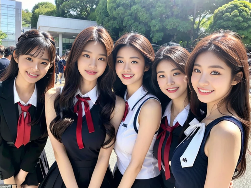 (A trio of super cute Korean high school girls take a photo together 1.2)(grin,Smile)(Beautiful Sweat:1.1)(16k, RAW Photos, Highest quality, masterpiece: 1.2),(Cute hairstyle with shiny black hair) Super detailed, Super Resolution, (Genuine, Genuine photos: 1.37), Portraiture, High-resolution RAW color photos, Professional photos, Very detailed, 8k wallpaper, Very detailed CG Unity 8k wallpaper, Very detailed beautiful girls, Very detailed faces, ((whole body)), beautiful woman, Huge breasts,(huge boobs:1.1) (Big Boobs:1.1), Beauty college student (A tight, girly, navy sleeveless  with ribbon.),high school girl, Korean Girls,(K-POP Female Idols), (Idol-class beauty)(Beautiful high school girl:1.1)(High school girls sightseeing in Tokyo)(18-year-old)(Stylish school uniform-style outfit:1.1)(Group photo of the school trip:1.3)NSFW