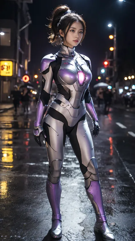 (highest quality、8K、32k、masterpiece、UHD:1.2、perfect body beauty:1.2、Wearing armor gundam a futuristic hero suit with a pale purp...