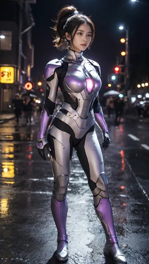 (highest quality、8k、32k、masterpiece、uhd:1.2、perfect body beauty:1.2、wearing armor gundam a futuristic hero suit with a pale purp...