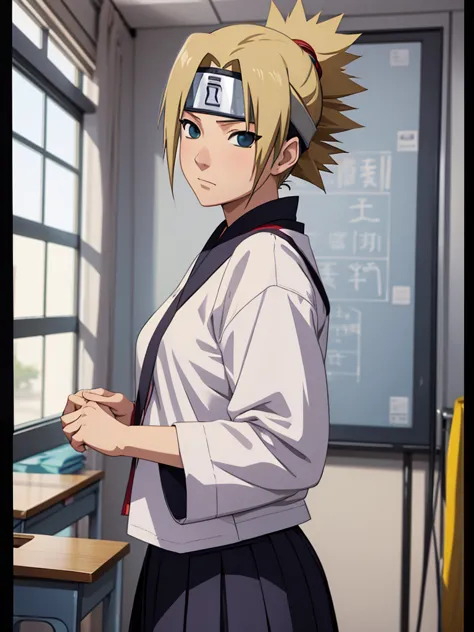 Temari from naruto, 1women, as a highschool girl, wearing Japanese highschool uniform with white shirt and blue colour skirt, at...