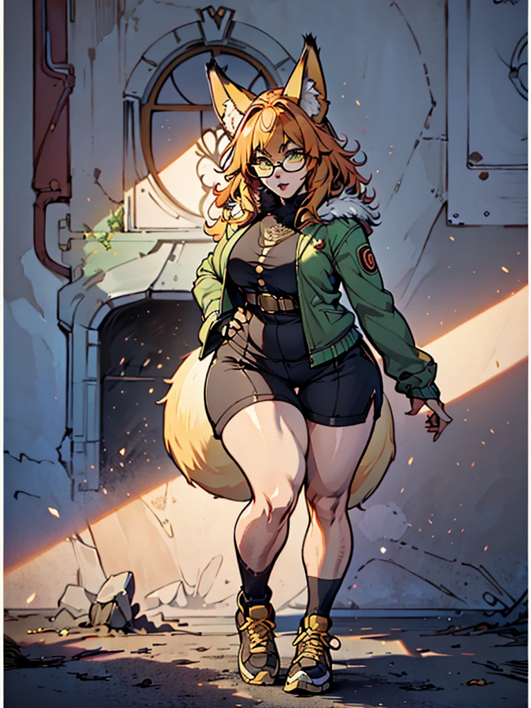 Masterpiece, 1girl, solo, (best quality,4k,8k,highres,masterpiece:1.2), ultra-detailed, fox girl, (slim, green jacket, black shorts, yellow sneakers, yellow glasses, fox tail, orange hair), ((detailed clothes, detailed fur texture, hyperdetailed face, intricate detail, highly detailed, fine details best quality)), city background, ((thick outline, detailed background, bright color tones, digital art, beautiful lighting))