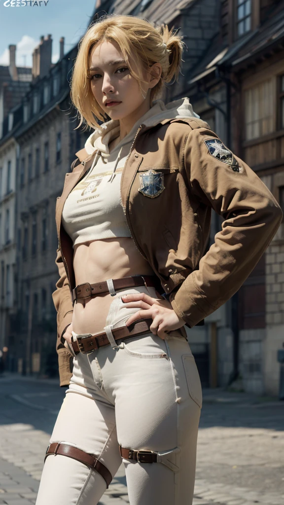 (bestquality,masterpiece), AnnieAOT, solo, hood, hoodie, paradis_military_uniform, jacket, uniform, tight clothes, emblem, feathers, upper body, thigh, hands on hip, emblem, belt, thigh strap, pants, white pants, standing, idle, looking at viewer, yellow hair